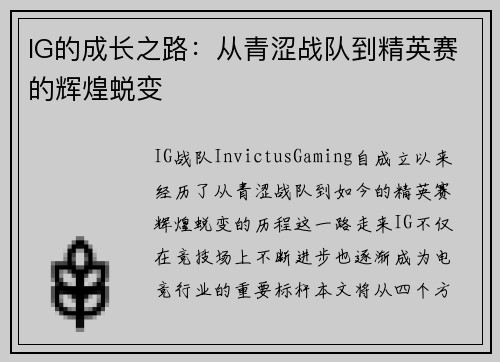 IG的成长之路：从青涩战队到精英赛的辉煌蜕变