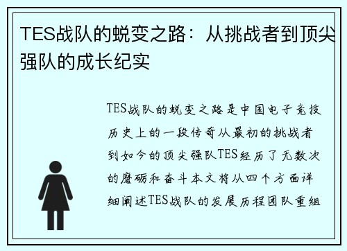 TES战队的蜕变之路：从挑战者到顶尖强队的成长纪实