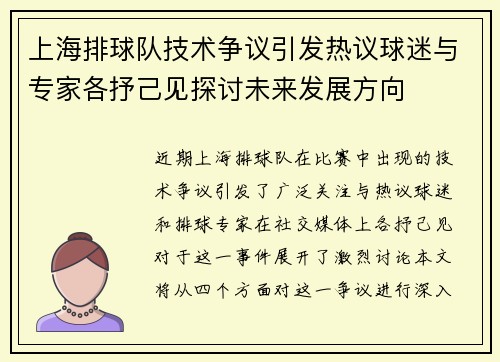 上海排球队技术争议引发热议球迷与专家各抒己见探讨未来发展方向