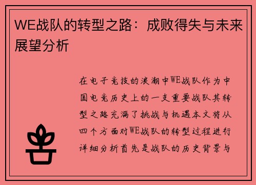 WE战队的转型之路：成败得失与未来展望分析